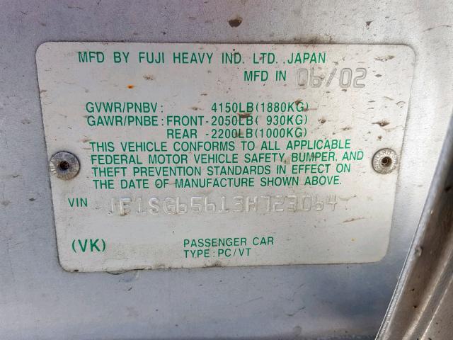 JF1SG65613H723064 - 2003 SUBARU FORESTER 2 فضي صورة 10