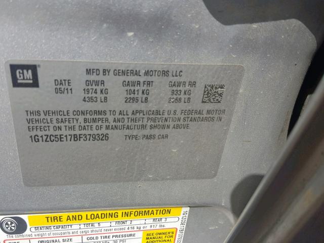 1G1ZC5E17BF379326 - 2011 CHEVROLET MALIBU 1LT SILVER photo 10