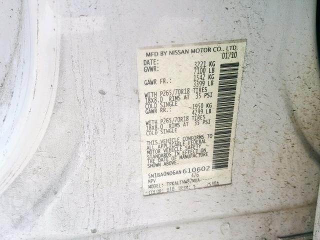 5N1BA0ND6AN610602 - 2010 NISSAN ARMADA SE WHITE photo 10