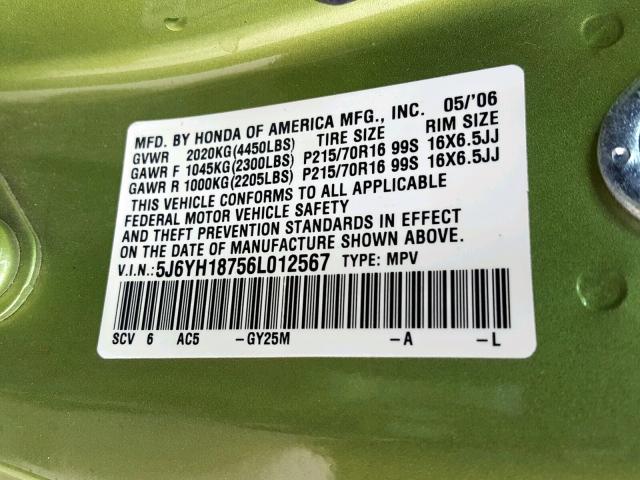 5J6YH18756L012567 - 2006 HONDA ELEMENT EX GREEN photo 10