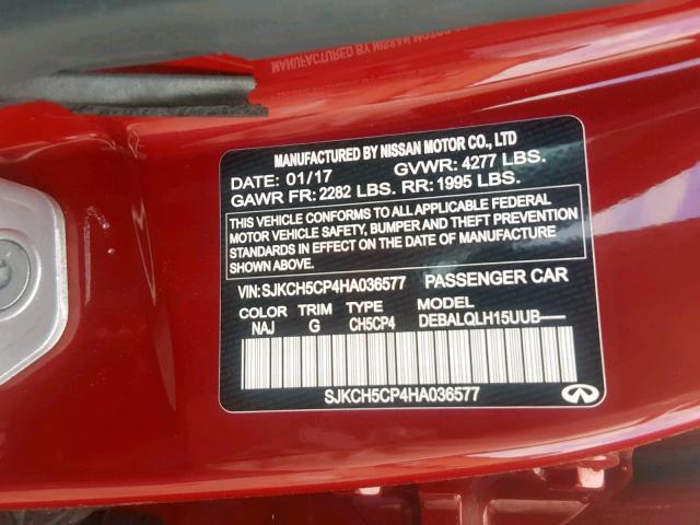 SJKCH5CP4HA036577 - 2017 INFINITI QX30 BASE RED photo 10