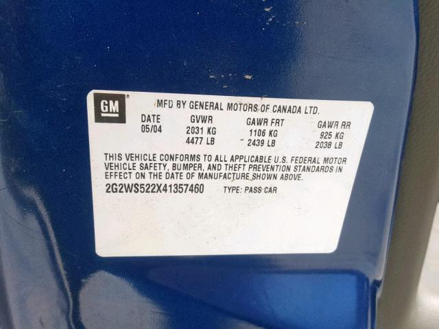 2G2WS522X41357460 - 2004 PONTIAC GRAND PRIX BLUE photo 10