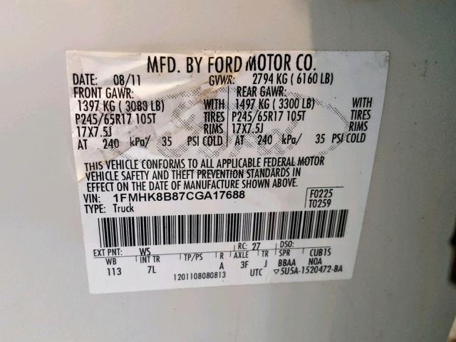 1FMHK8B87CGA17688 - 2012 FORD EXPLORER WHITE photo 10