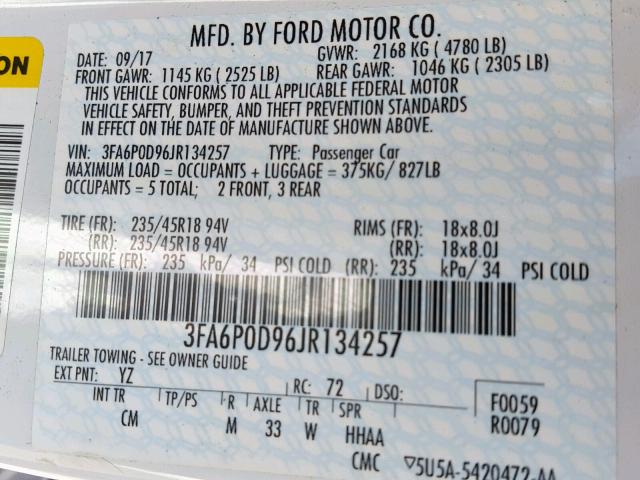 3FA6P0D96JR134257 - 2018 FORD FUSION TIT WHITE photo 10