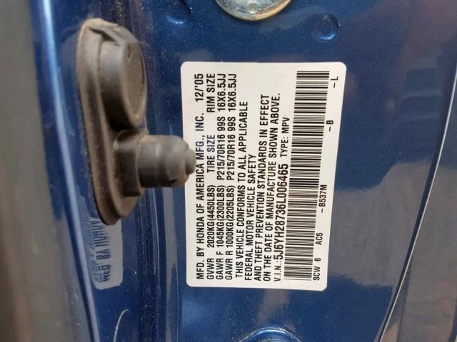 5J6YH28736L006465 - 2006 HONDA ELEMENT EX BLUE photo 10