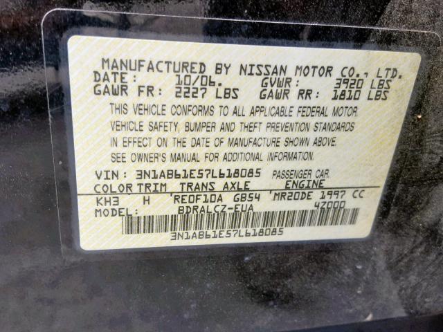 3N1AB61E57L618085 - 2007 NISSAN SENTRA 2.0 BLACK photo 10