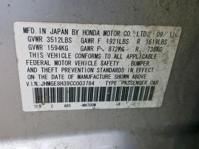 JHMGE8H39CC003784 - 2012 HONDA FIT SILVER photo 10