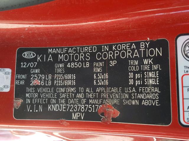 KNDJE723787517630 - 2008 KIA SPORTAGE E RED photo 10