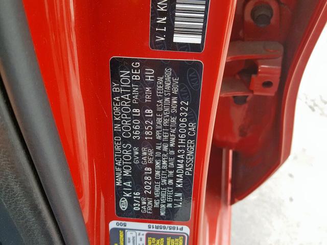 KNADM4A31H6006322 - 2017 KIA RIO LX RED photo 10