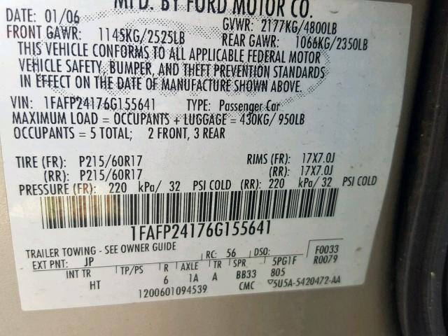 1FAFP24176G155641 - 2006 FORD FIVE HUNDR SILVER photo 10