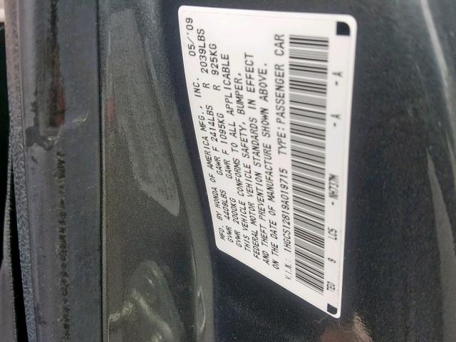 1HGCS12819A019715 - 2009 HONDA ACCORD EXL GRAY photo 10