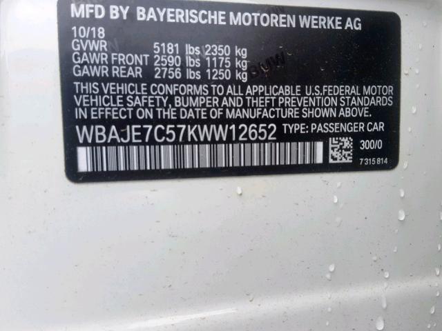 WBAJE7C57KWW12652 - 2019 BMW 540 XI WHITE photo 10