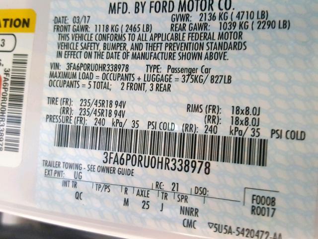 3FA6P0RU0HR338978 - 2017 FORD FUSION TIT WHITE photo 10