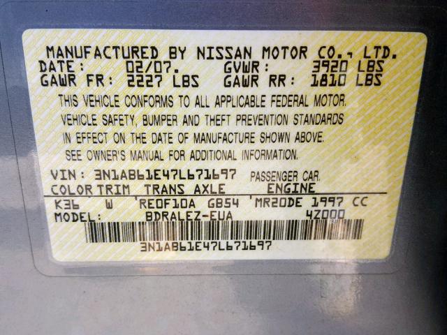 3N1AB61E47L671697 - 2007 NISSAN SENTRA 2.0 SILVER photo 10