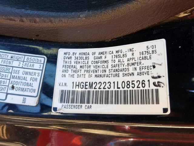 1HGEM22231L085261 - 2001 HONDA CIVIC DX BLACK photo 10