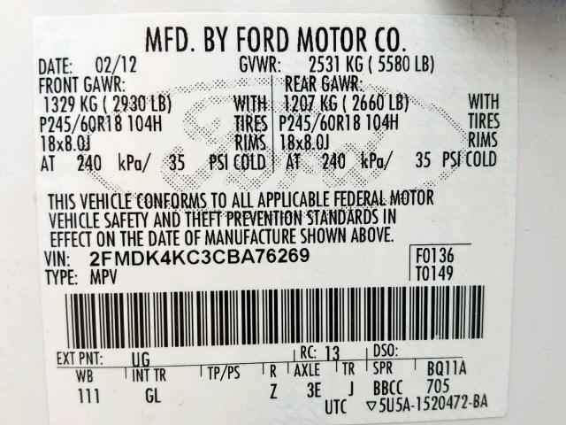 2FMDK4KC3CBA76269 - 2012 FORD EDGE LIMIT WHITE photo 10