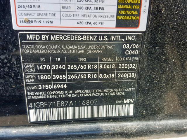 4JGBF71E87A116802 - 2007 MERCEDES-BENZ GL 450 4MA BLACK photo 10