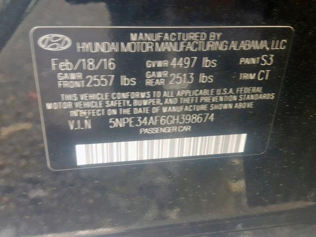 5NPE34AF6GH398674 - 2016 HYUNDAI SONATA SPO BLACK photo 10