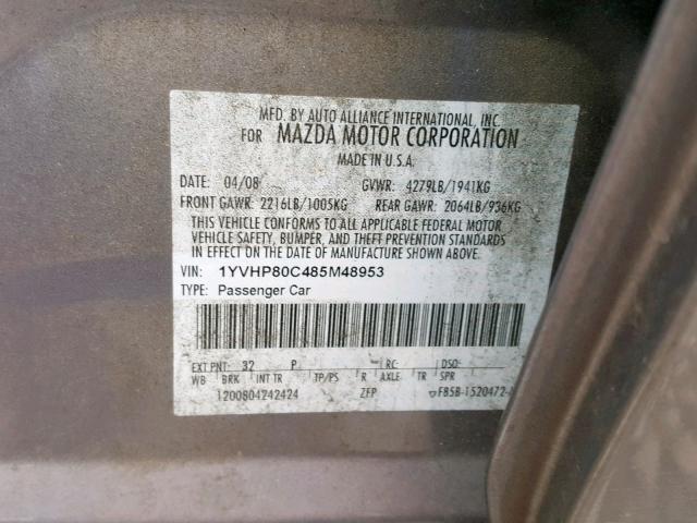 1YVHP80C485M48953 - 2008 MAZDA 6 I GRAY photo 10