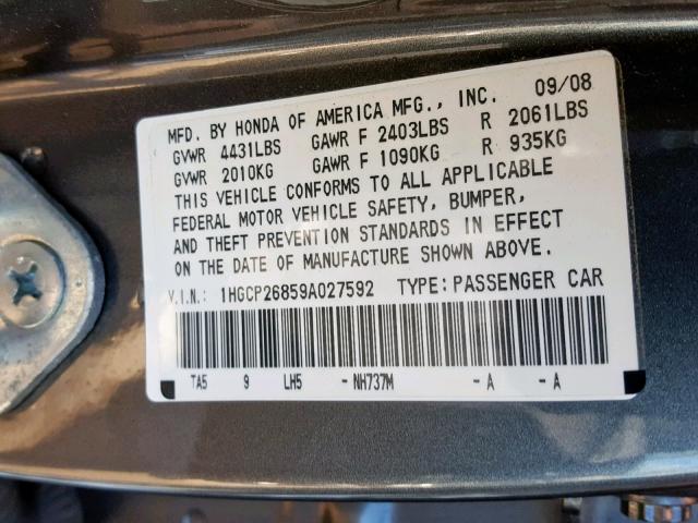 1HGCP26859A027592 - 2009 HONDA ACCORD EXL GRAY photo 10