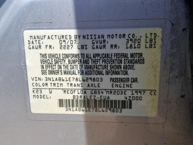 3N1AB61E78L629803 - 2008 NISSAN SENTRA 2.0 SILVER photo 10