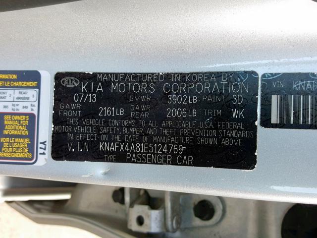 KNAFX4A81E5124769 - 2014 KIA FORTE EX SILVER photo 10