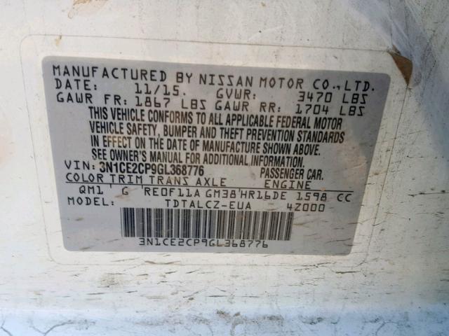 3N1CE2CP9GL368776 - 2016 NISSAN VERSA NOTE WHITE photo 10