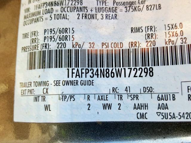 1FAFP34N86W172298 - 2006 FORD FOCUS ZX4 GRAY photo 10