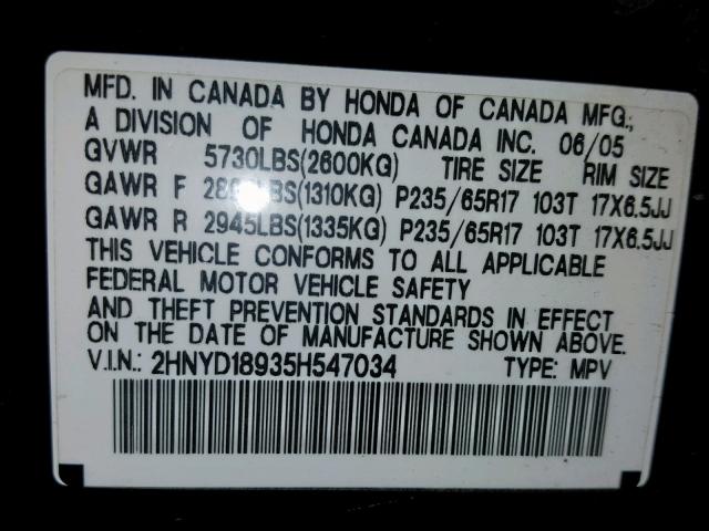 2HNYD18935H547034 - 2005 ACURA MDX TOURIN BLACK photo 10