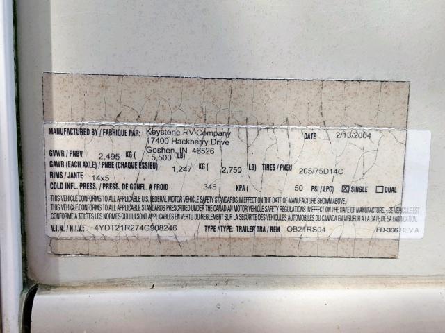 4YDT21R274G908246 - 2004 KEYSTONE OUTBACK WHITE photo 10