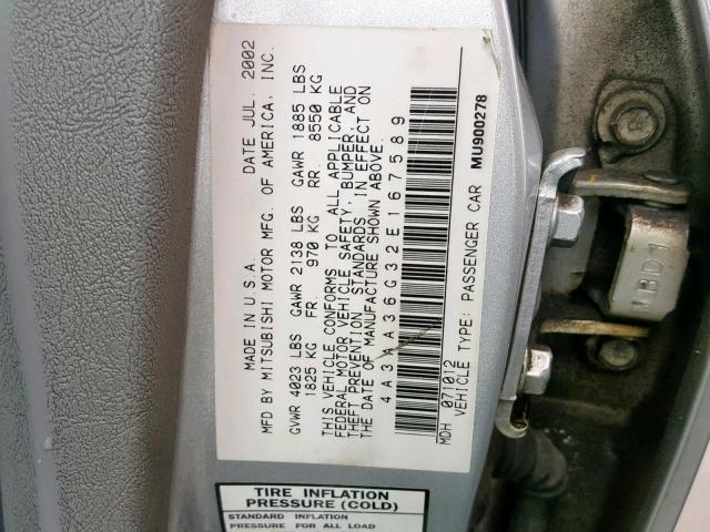 4A3AA36G32E167589 - 2002 MITSUBISHI GALANT DE SILVER photo 10