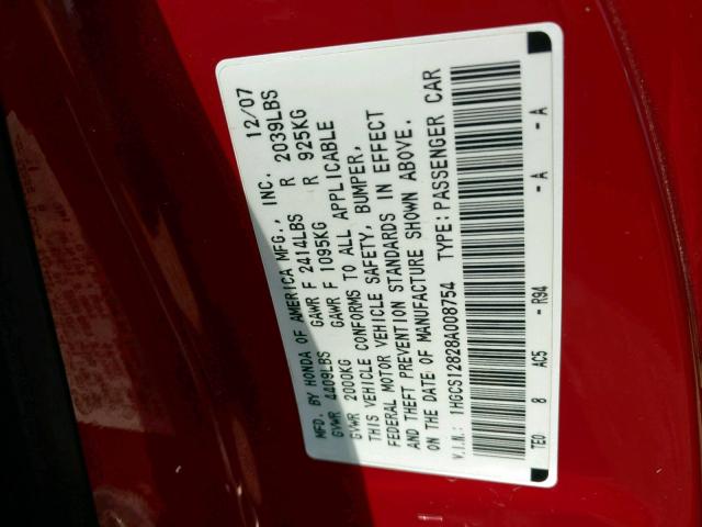 1HGCS12828A008754 - 2008 HONDA ACCORD EXL RED photo 10