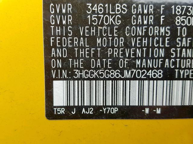 3HGGK5G86JM702468 - 2018 HONDA FIT EX YELLOW photo 10