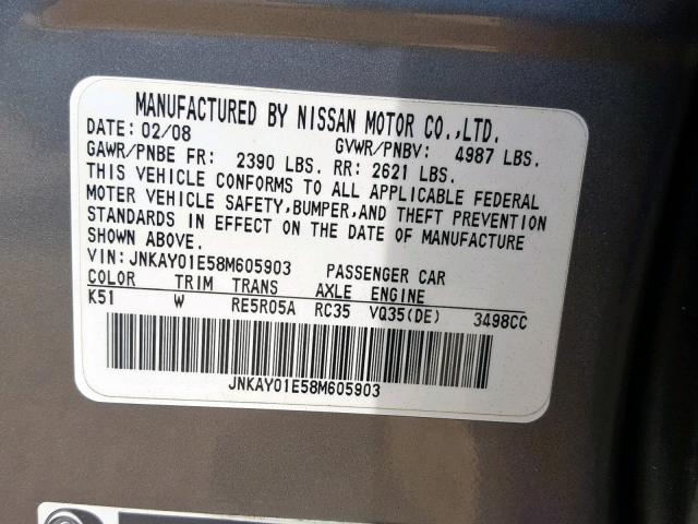 JNKAY01E58M605903 - 2008 INFINITI M35 BASE GRAY photo 10