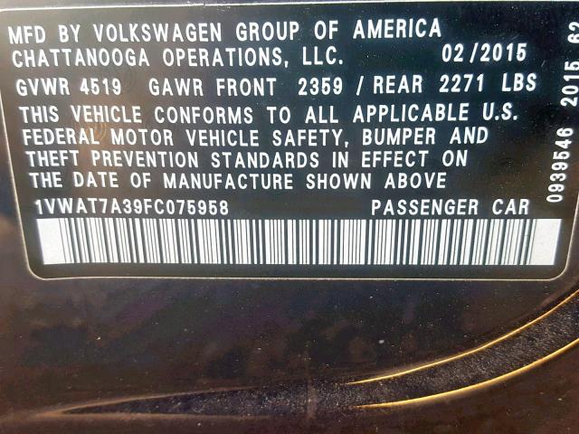 1VWAT7A39FC075958 - 2015 VOLKSWAGEN PASSAT S BLUE photo 10