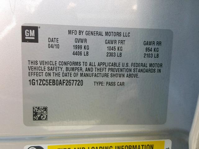 1G1ZC5EB0AF267720 - 2010 CHEVROLET MALIBU 1LT 银色 照片 10