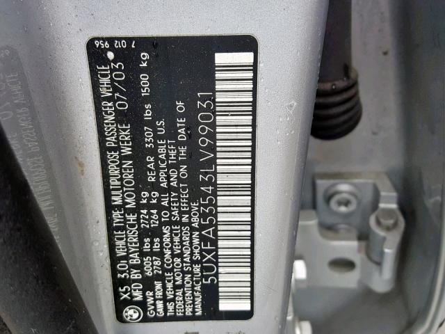 5UXFA53543LV99031 - 2003 BMW X5 3.0I SILVER photo 10