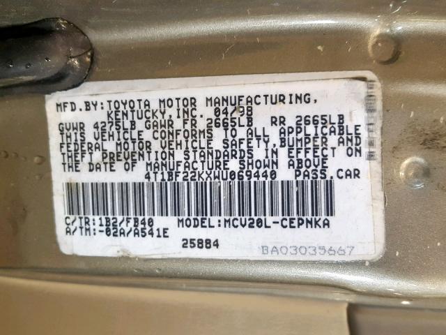 4T1BF22KXWU069440 - 1998 TOYOTA CAMRY CE 灰色 照片 10