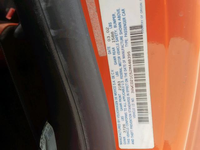 3VWCD21C52M448396 - 2002 VOLKSWAGEN NEW BEETLE ORANGE photo 10