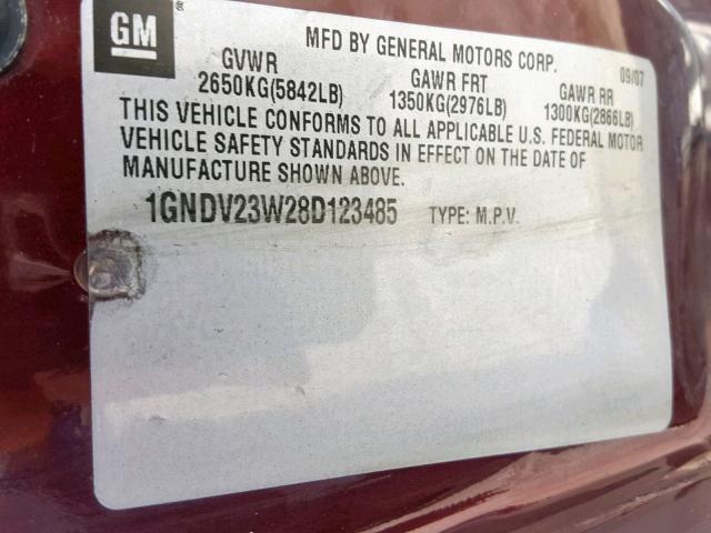 1GNDV23W28D123485 - 2008 CHEVROLET UPLANDER L 栗色 照片 10