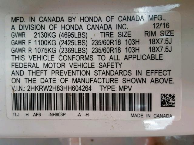 2HKRW2H83HH604264 - 2017 HONDA CR-V EXL WHITE photo 10