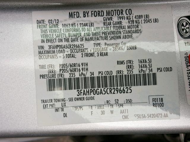 3FAHP0GA5CR296625 - 2012 FORD FUSION S SILVER photo 10