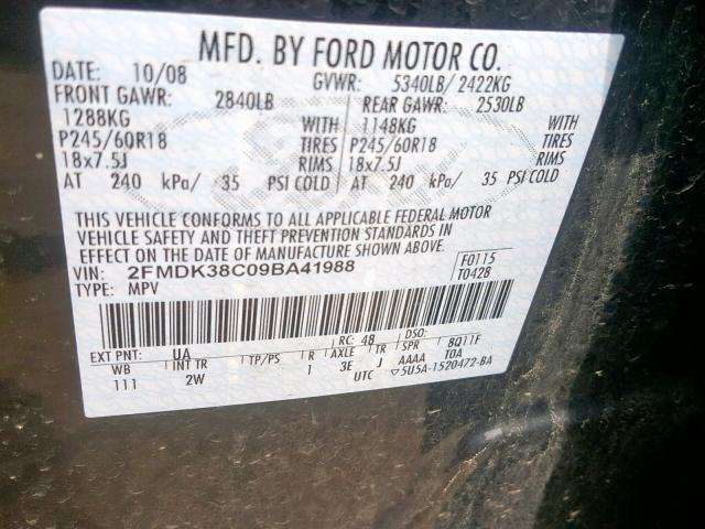 2FMDK38C09BA41988 - 2009 FORD EDGE SEL BLACK photo 10