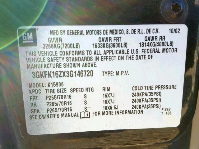 3GKFK16ZX3G146720 - 2003 GMC YUKON XL K BLACK photo 10