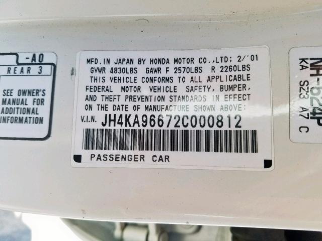 JH4KA96672C000812 - 2002 ACURA 3.5RL WHITE photo 10