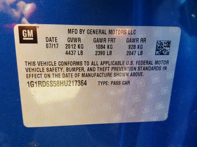 1G1RD6S58HU217364 - 2017 CHEVROLET VOLT PREMI BLUE photo 10