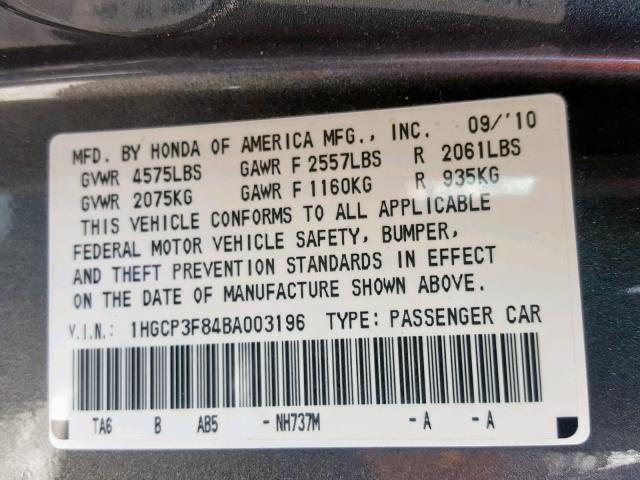 1HGCP3F84BA003196 - 2011 HONDA ACCORD EXL GRAY photo 10