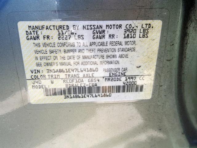 3N1AB61E47L641860 - 2007 NISSAN SENTRA 2.0 GREEN photo 10