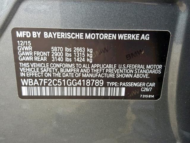 WBA7F2C51GG418789 - 2016 BMW 750 XI GRAY photo 10