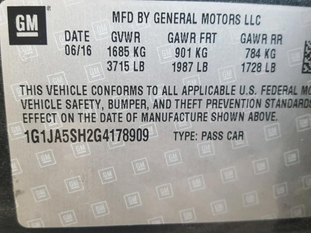 1G1JA5SH2G4178909 - 2016 CHEVROLET SONIC LS 灰色 照片 10